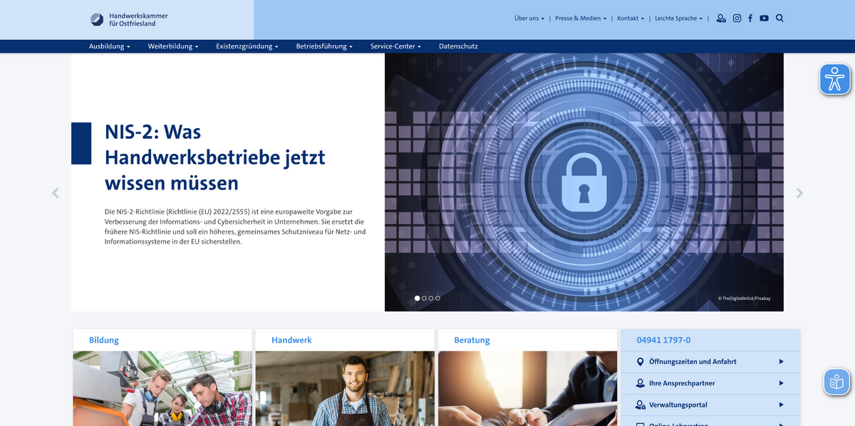 Screenshot der offiziellen Website der Handwerkskammer für Ostfriesland