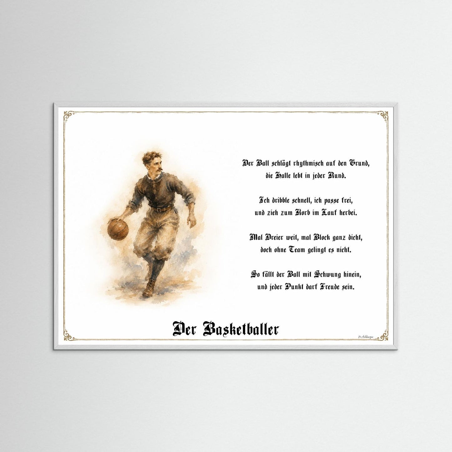 Sportbild Basketballer mit weißem Holzrahmen