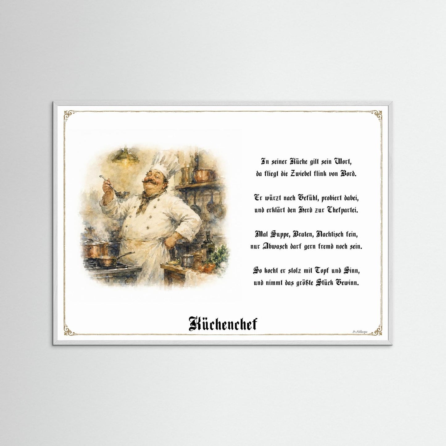 Küchenchef Kunstdruck mit weißem Holzrahmen