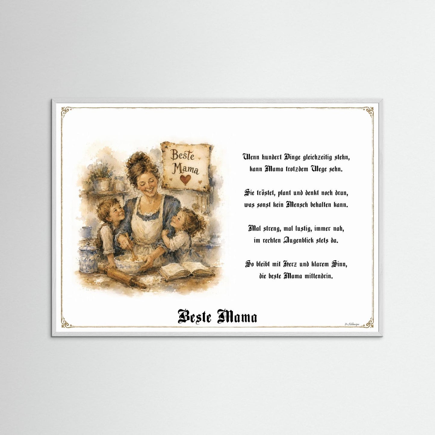 Beste Mama Kunstdruck mit weißem Holzrahmen