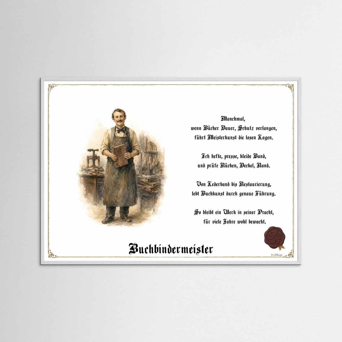 Zunftbild Buchbindermeister mit weißem Holzrahmen