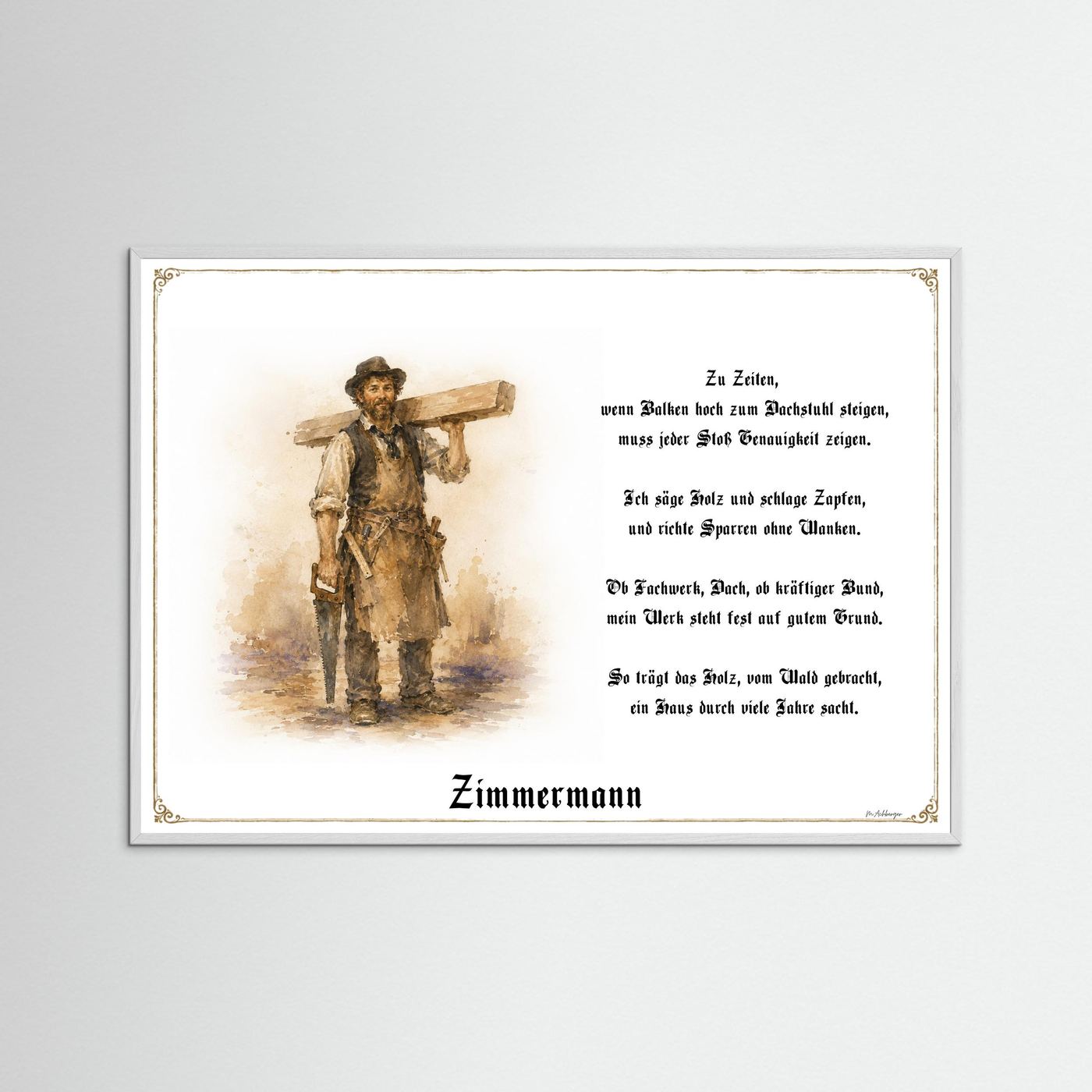 Zunftbild Zimmermann mit weißem Holzrahmen
