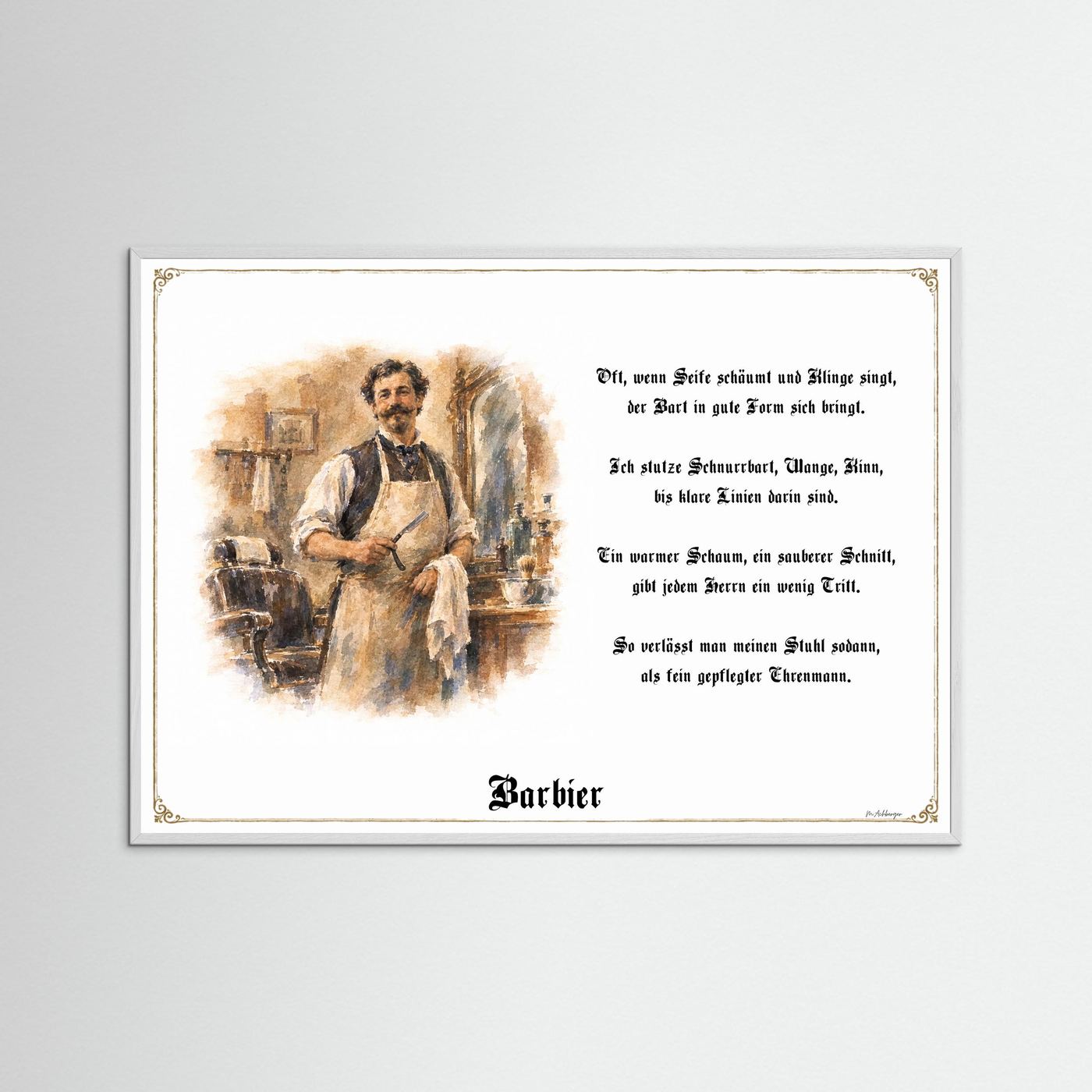 Zunftbild Barbier mit weißem Holzrahmen