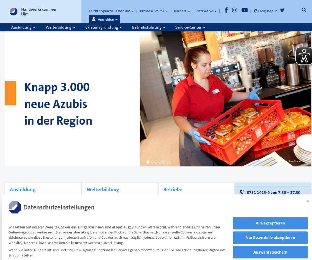Screenshot der offiziellen Website von Handwerkskammer Ulm