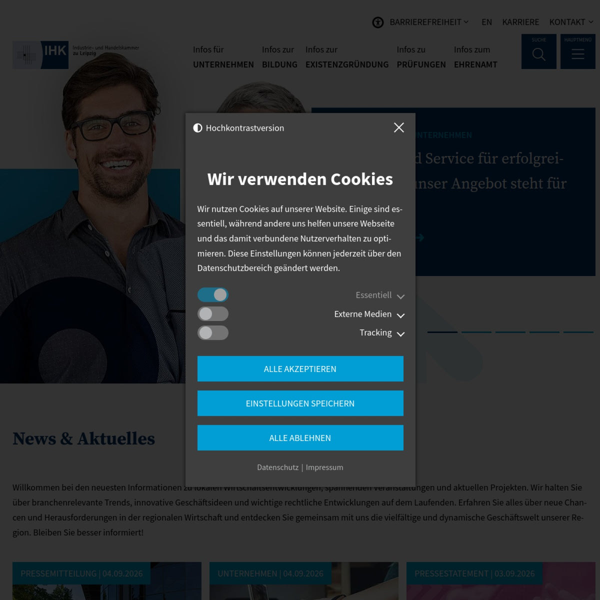 Screenshot der offiziellen Website von Industrie- und Handelskammer zu Leipzig