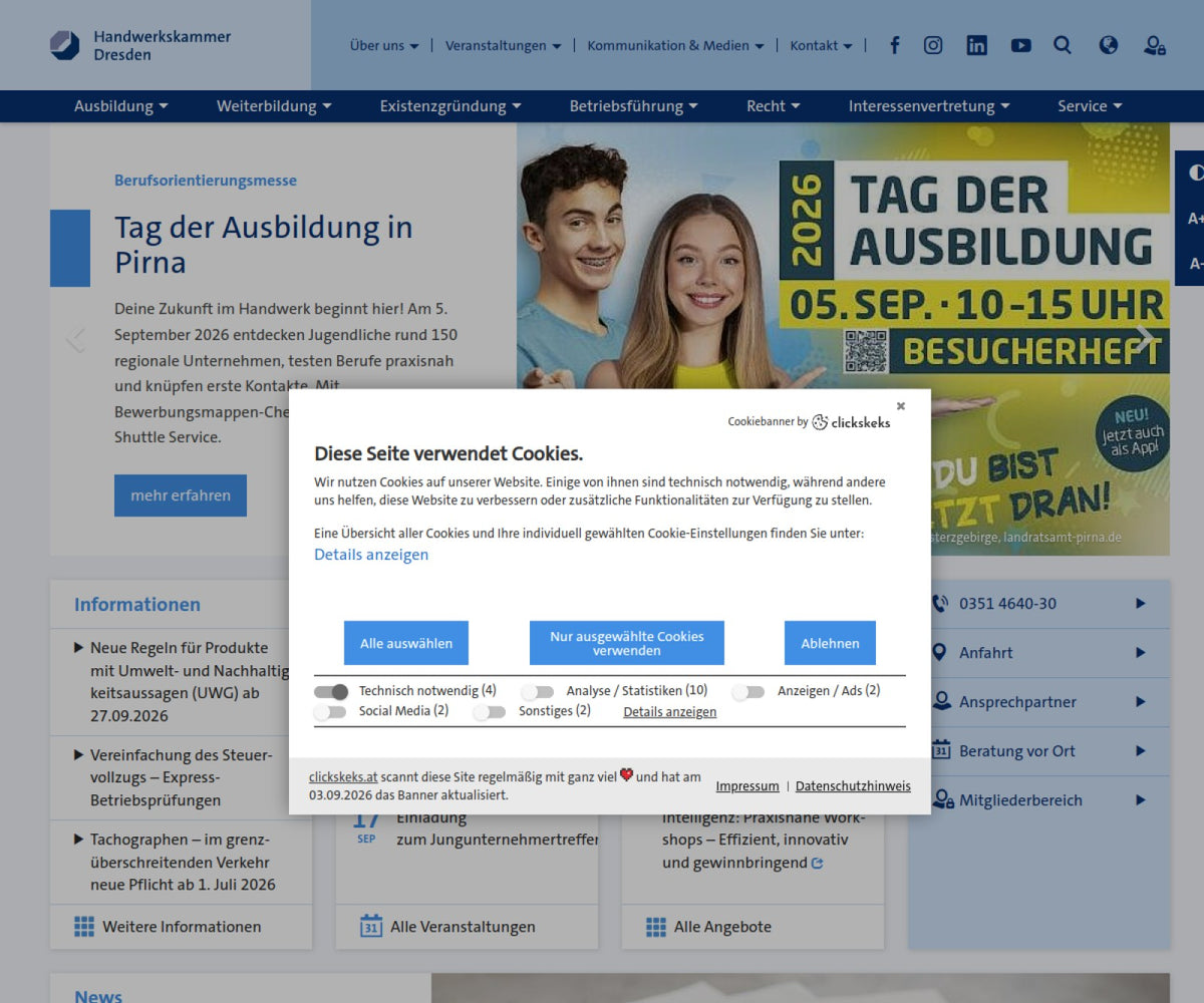 Screenshot der offiziellen Website von Handwerkskammer Dresden