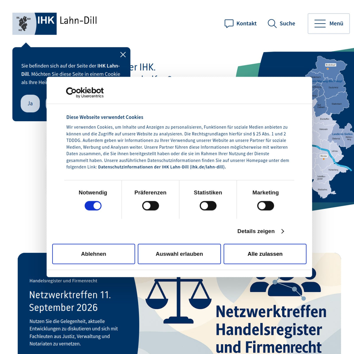 Screenshot der offiziellen Website von Industrie- und Handelskammer Lahn-Dill
