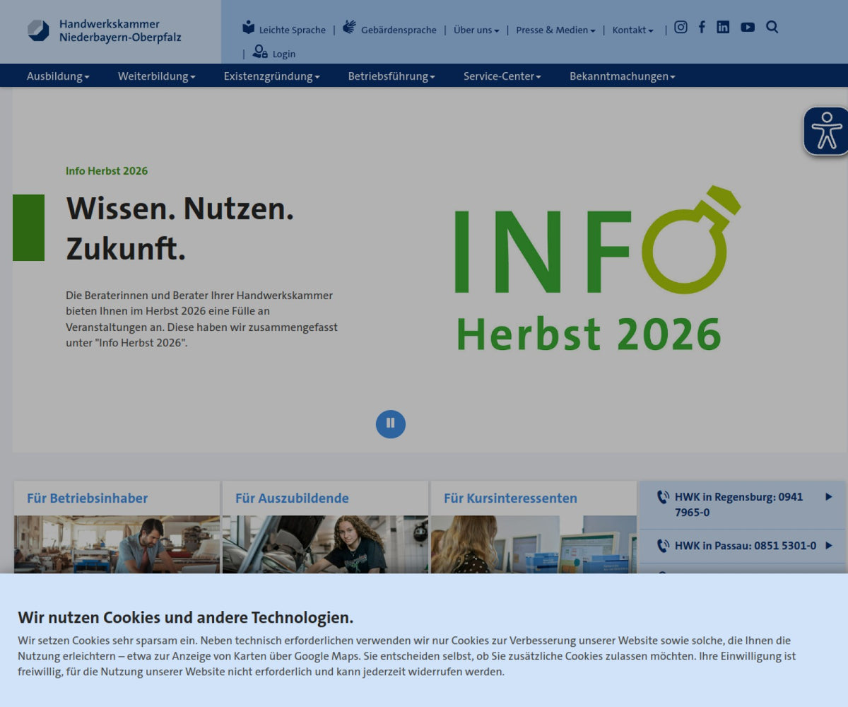 Screenshot der offiziellen Website von Handwerkskammer Niederbayern-Oberpfalz