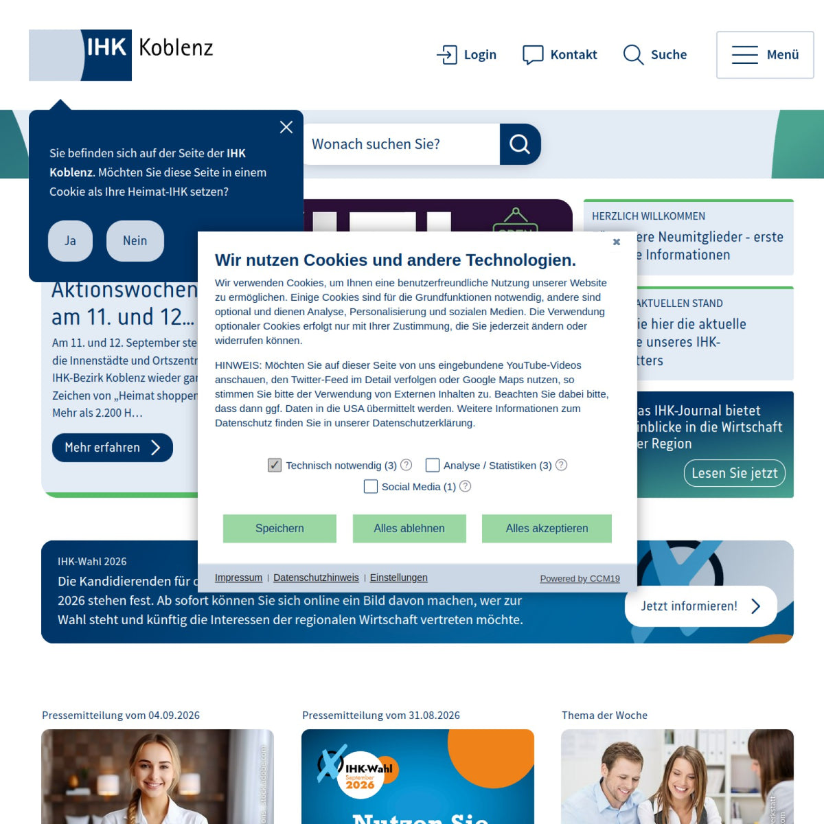 Screenshot der offiziellen Website von Industrie- und Handelskammer Koblenz