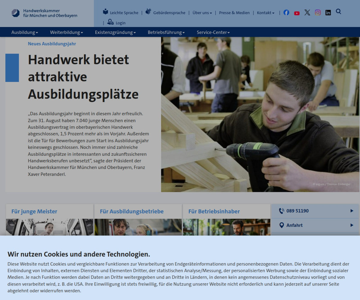 Screenshot der offiziellen Website von Handwerkskammer für München und Oberbayern