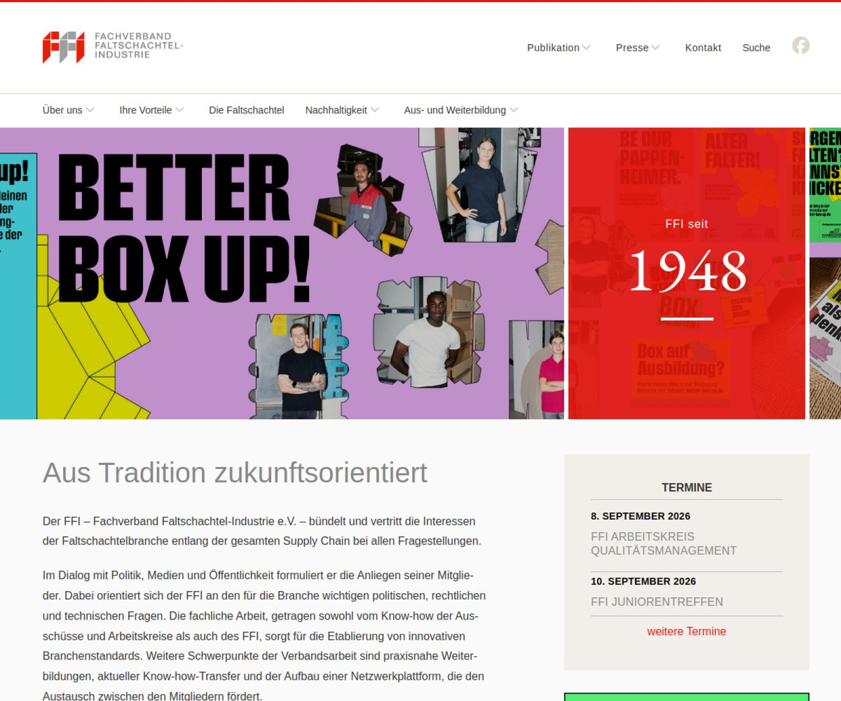 Screenshot der offiziellen Website von FFI Fachverband Faltschachtel-Industrie e.V.