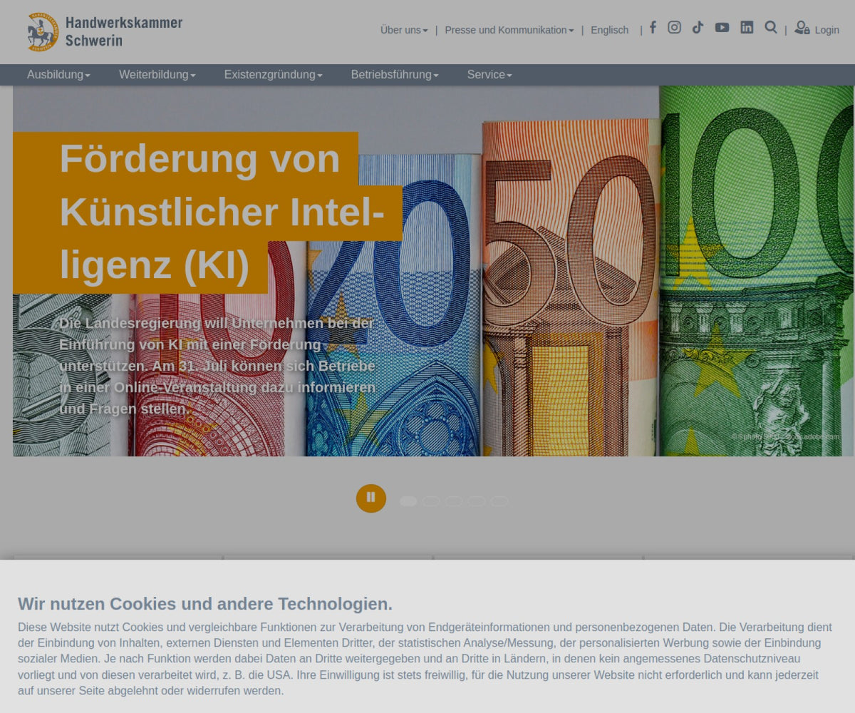 Screenshot der offiziellen Website von Handwerkskammer Schwerin