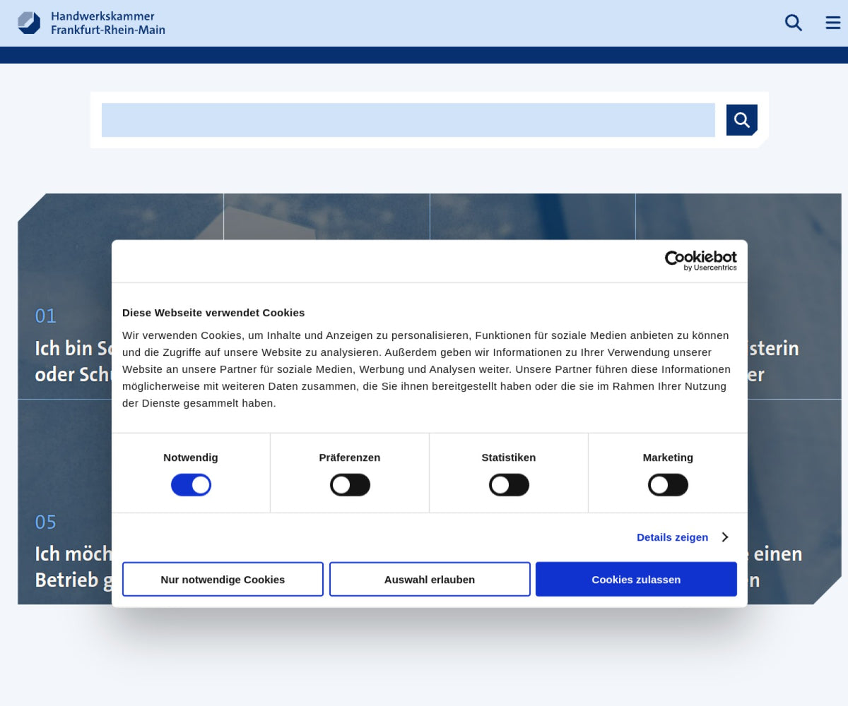 Screenshot der offiziellen Website von Handwerkskammer Frankfurt-Rhein-Main