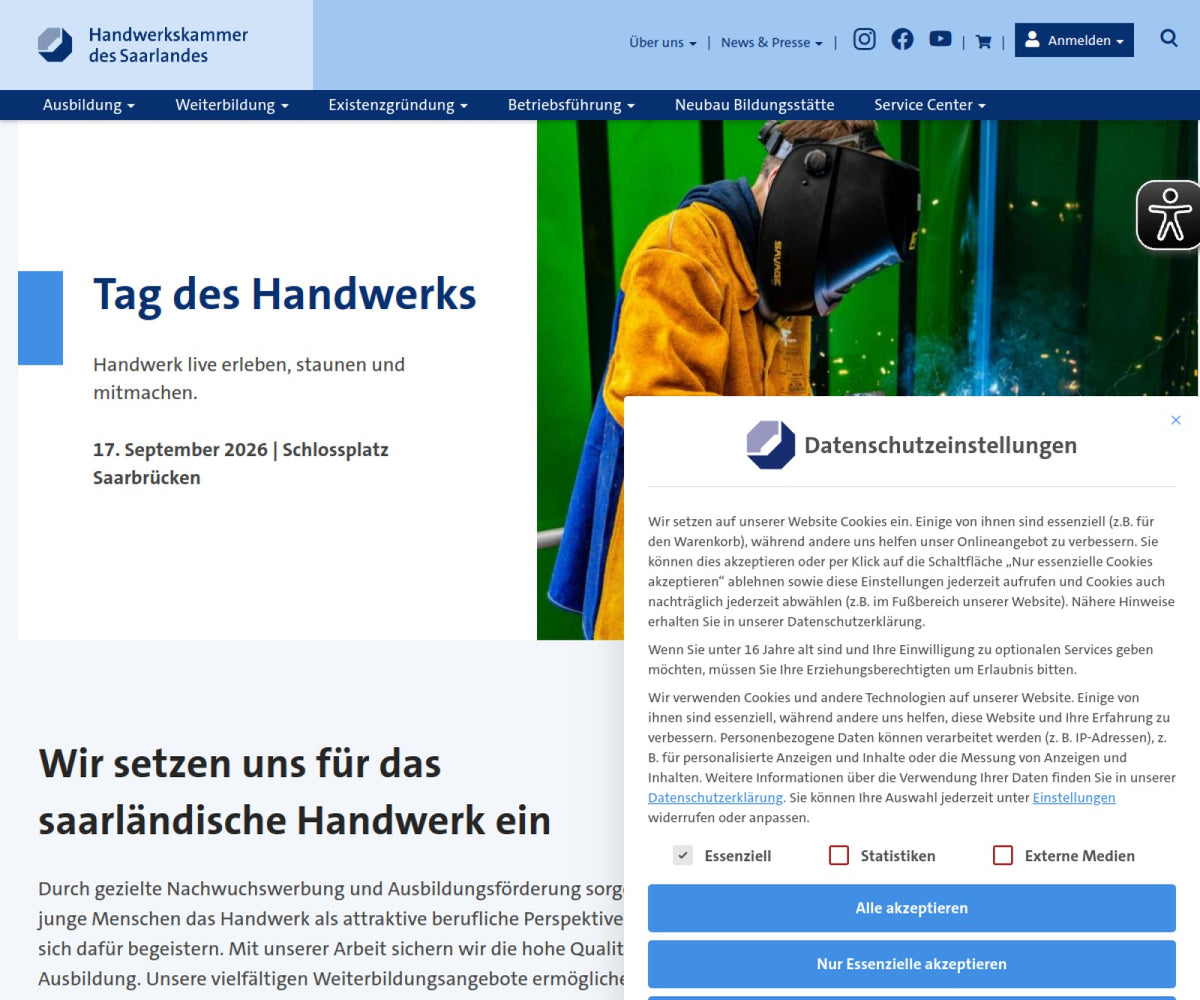 Screenshot der offiziellen Website von Handwerkskammer des Saarlandes