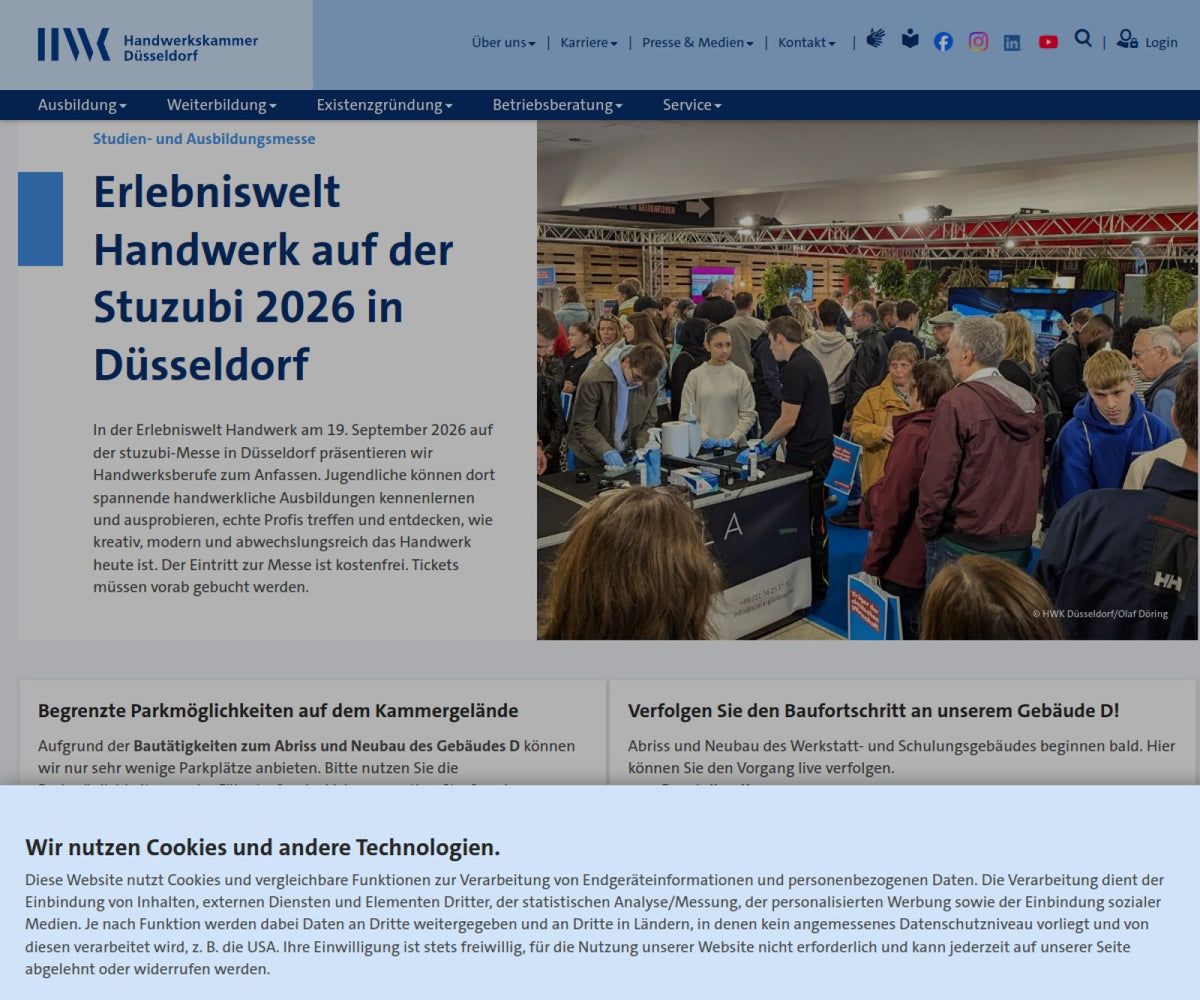 Screenshot der offiziellen Website von Handwerkskammer Düsseldorf