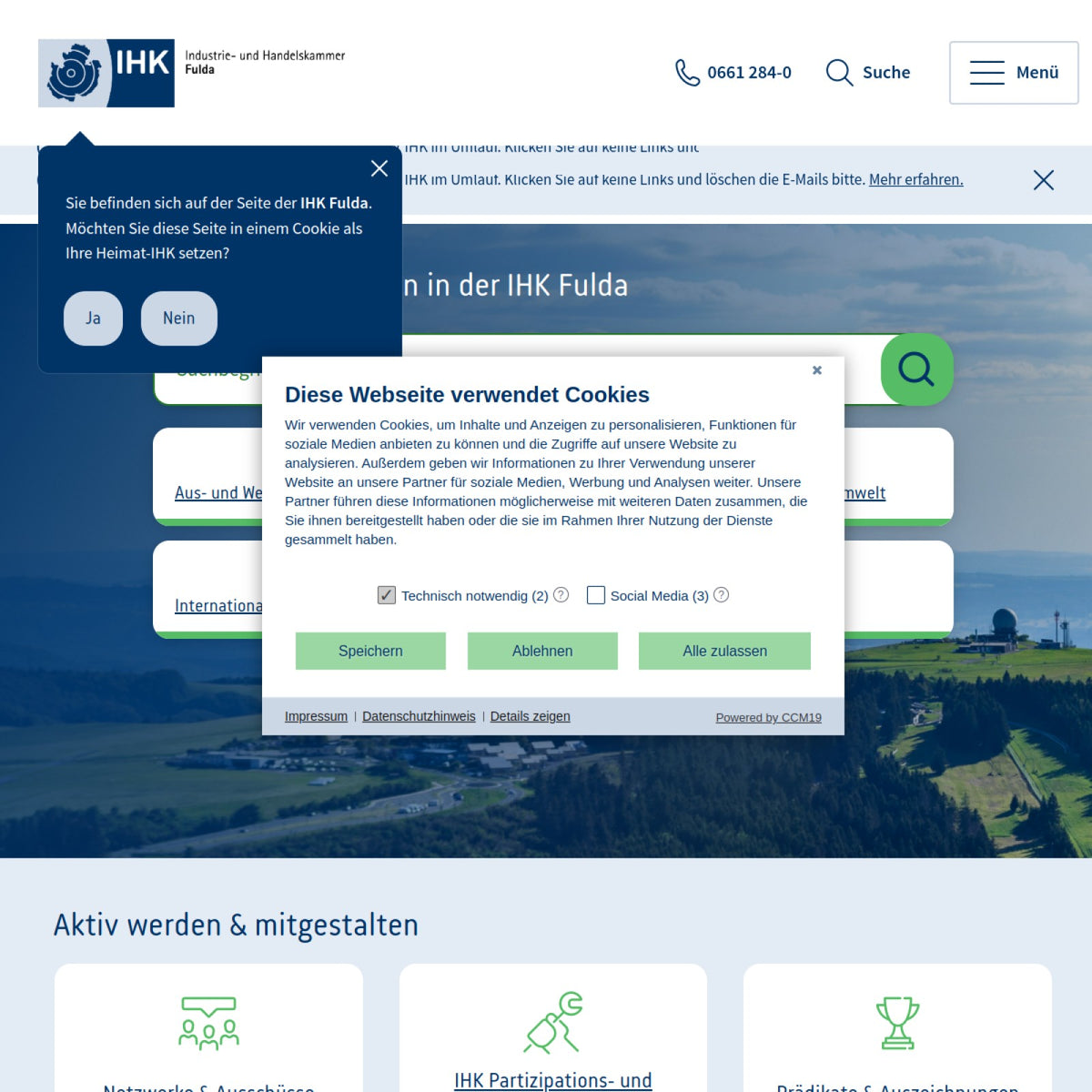Screenshot der offiziellen Website von Industrie- und Handelskammer Fulda
