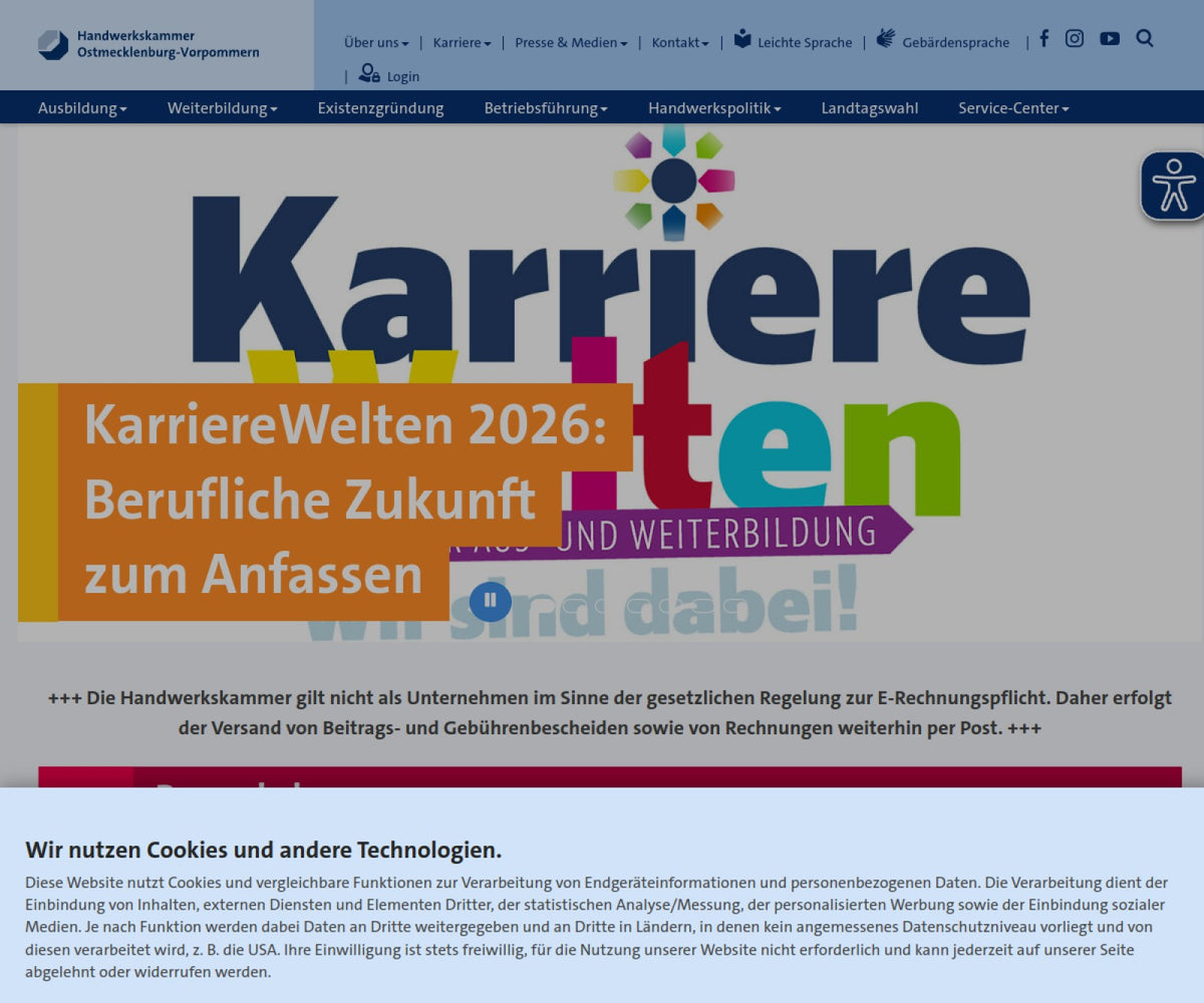 Screenshot der offiziellen Website von Handwerkskammer Ostmecklenburg-Vorpommern