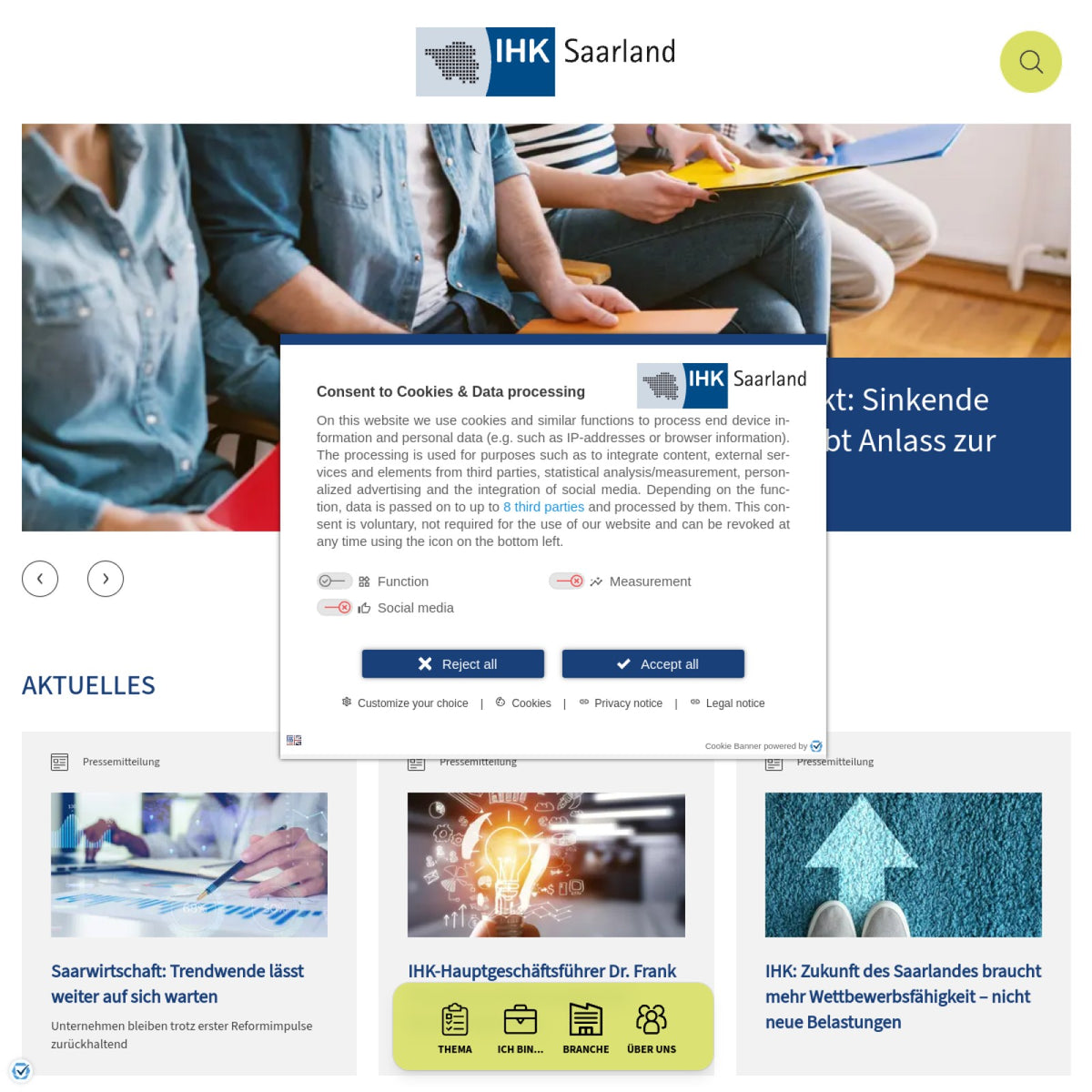 Screenshot der offiziellen Website von Industrie- und Handelskammer des Saarlandes