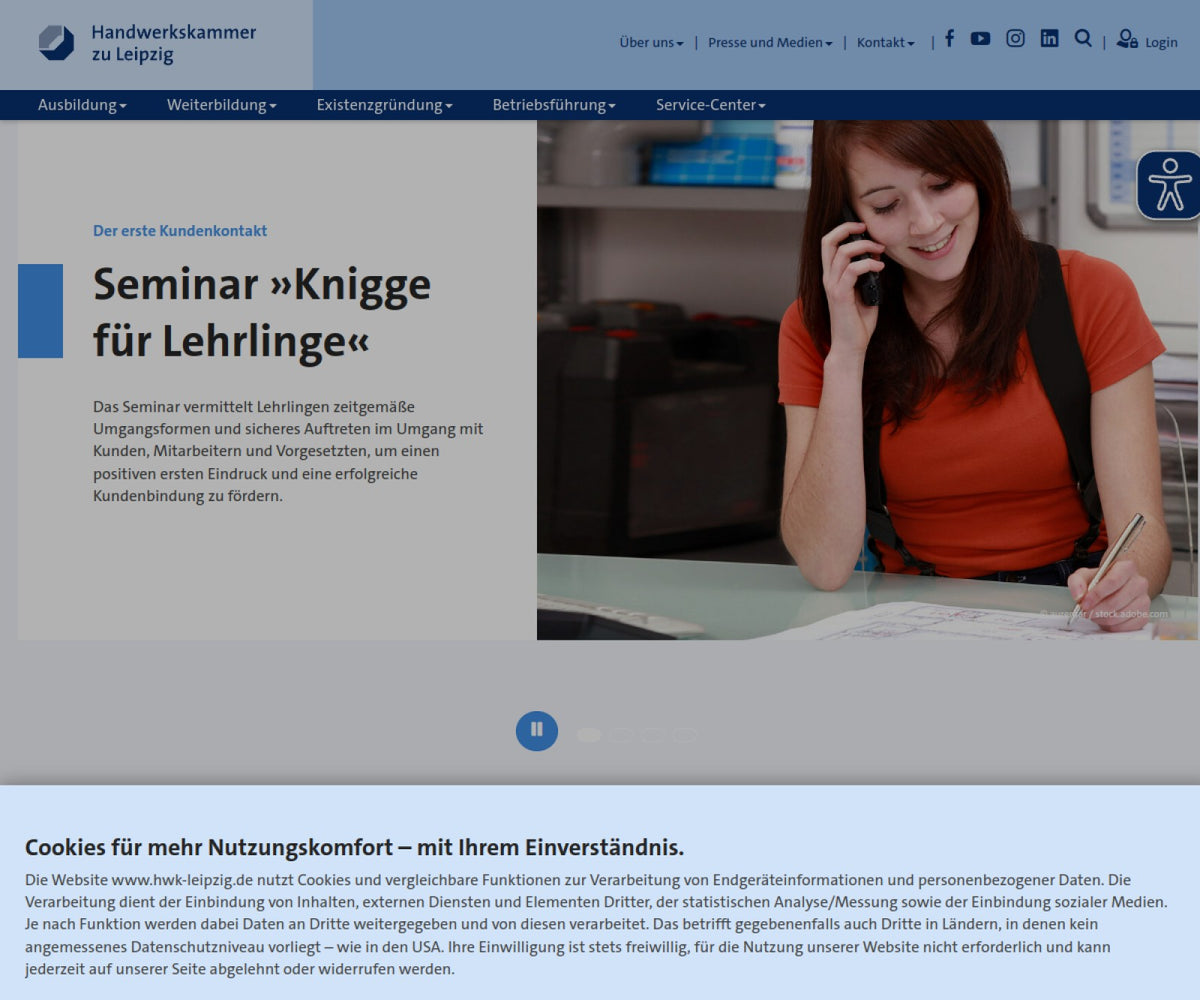Screenshot der offiziellen Website von Handwerkskammer zu Leipzig