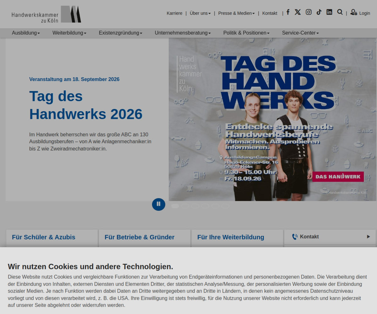 Screenshot der offiziellen Website von Handwerkskammer zu Köln
