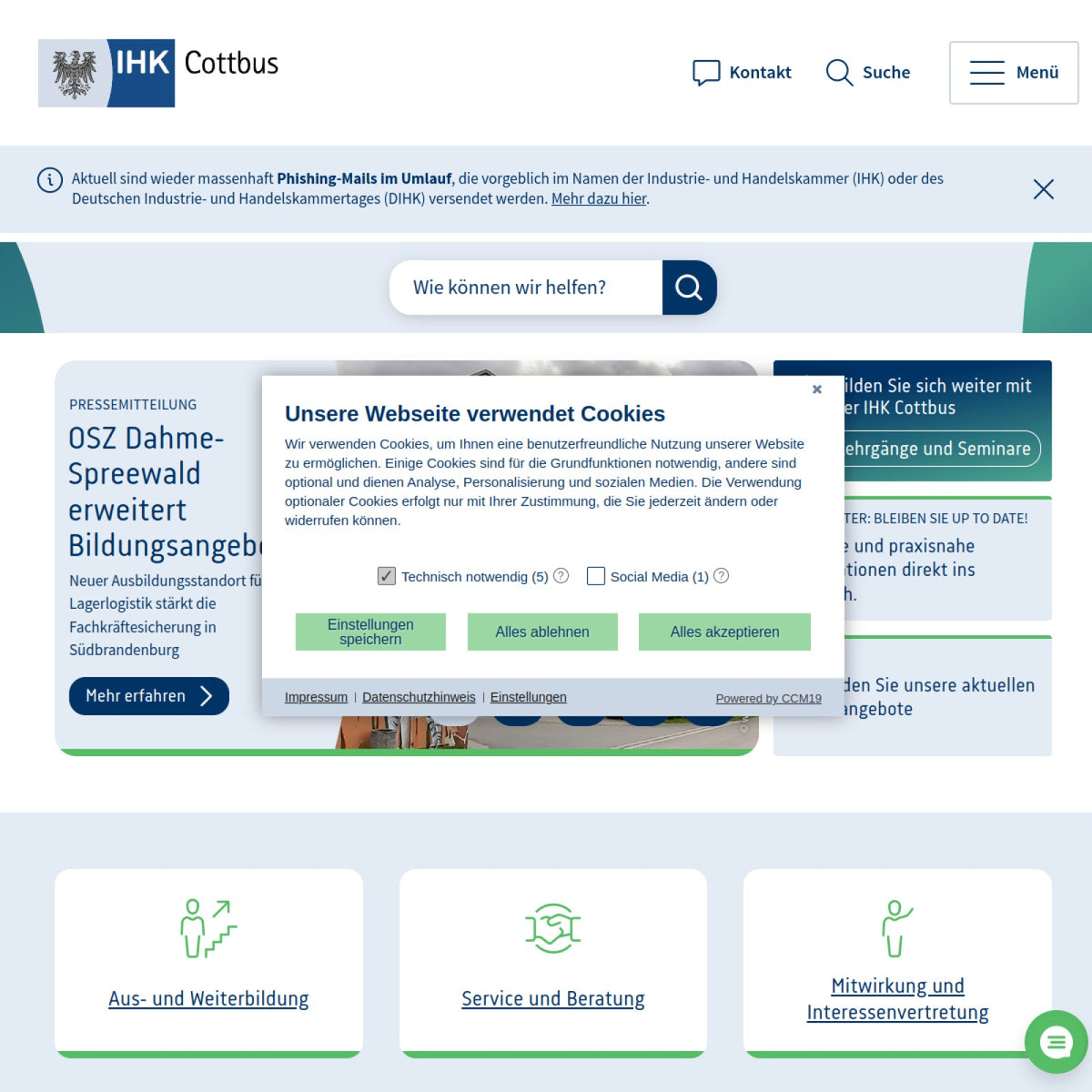 Screenshot der offiziellen Website von Industrie- und Handelskammer Cottbus