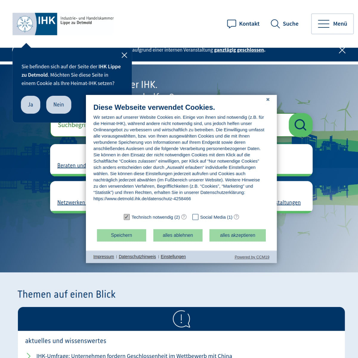 Screenshot der offiziellen Website von Industrie- und Handelskammer Lippe zu Detmold