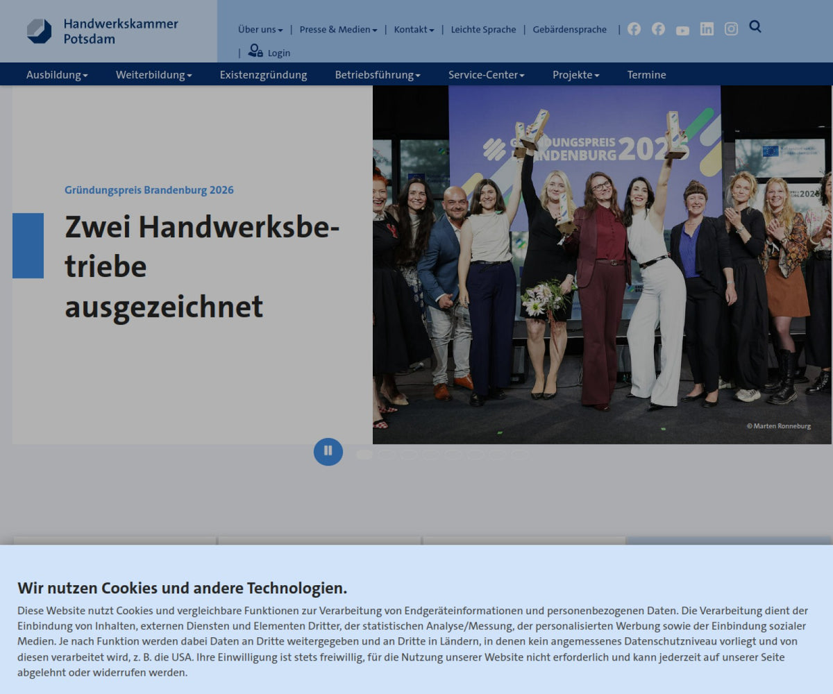 Screenshot der offiziellen Website von Handwerkskammer Potsdam