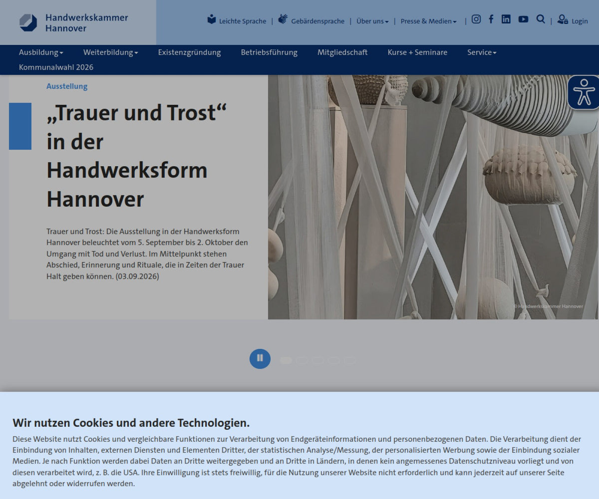 Screenshot der offiziellen Website von Handwerkskammer Hannover
