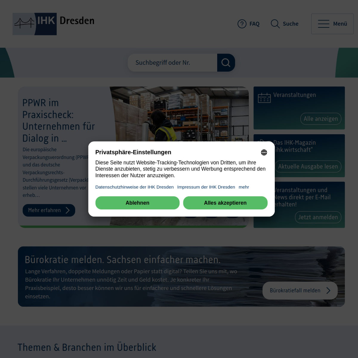 Screenshot der offiziellen Website von Industrie- und Handelskammer Dresden