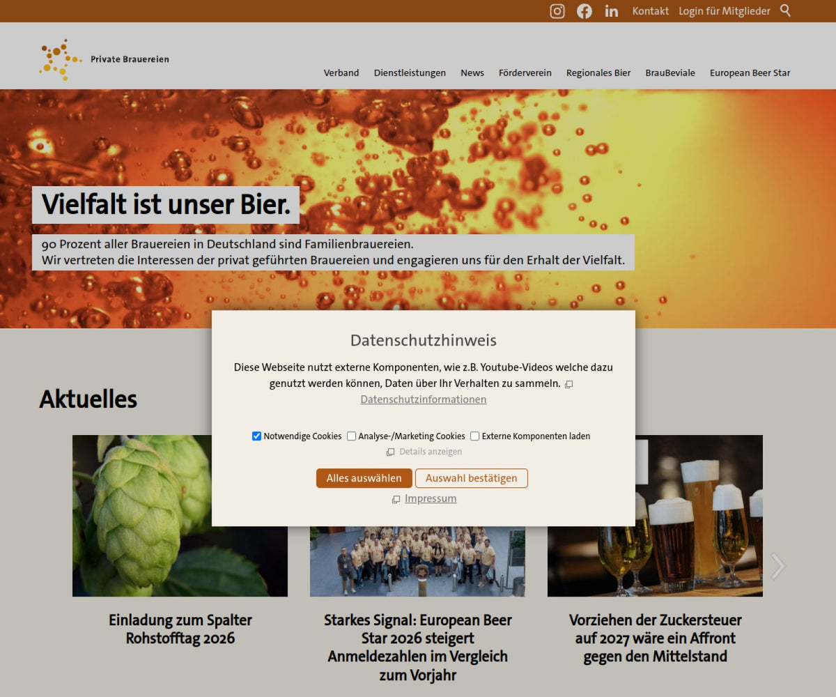 Screenshot der offiziellen Website von Verband Private Brauereien Deutschland e.V.