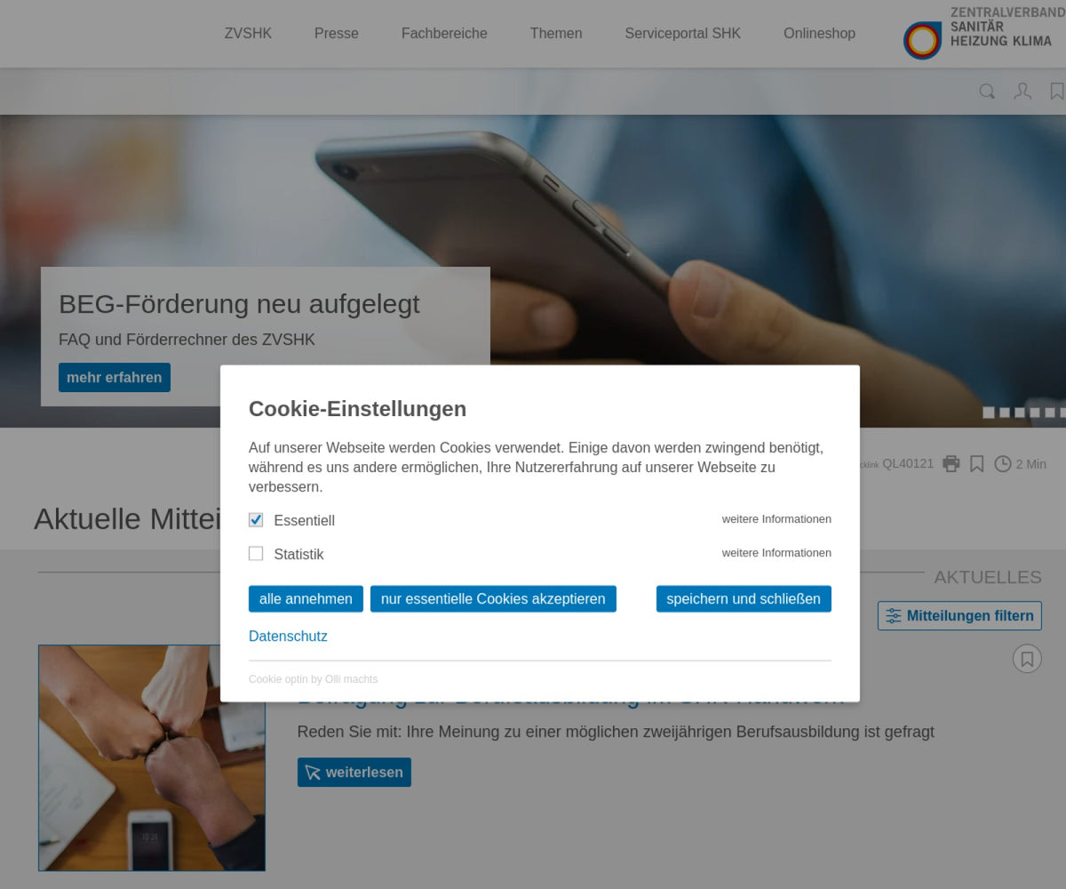 Screenshot der offiziellen Website von Zentralverband Sanitär Heizung Klima (ZVSHK)