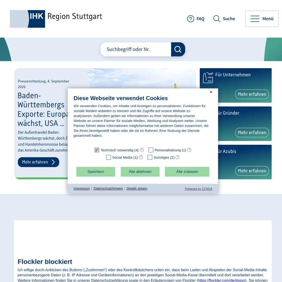 Screenshot der offiziellen Website von Industrie- und Handelskammer Region Stuttgart