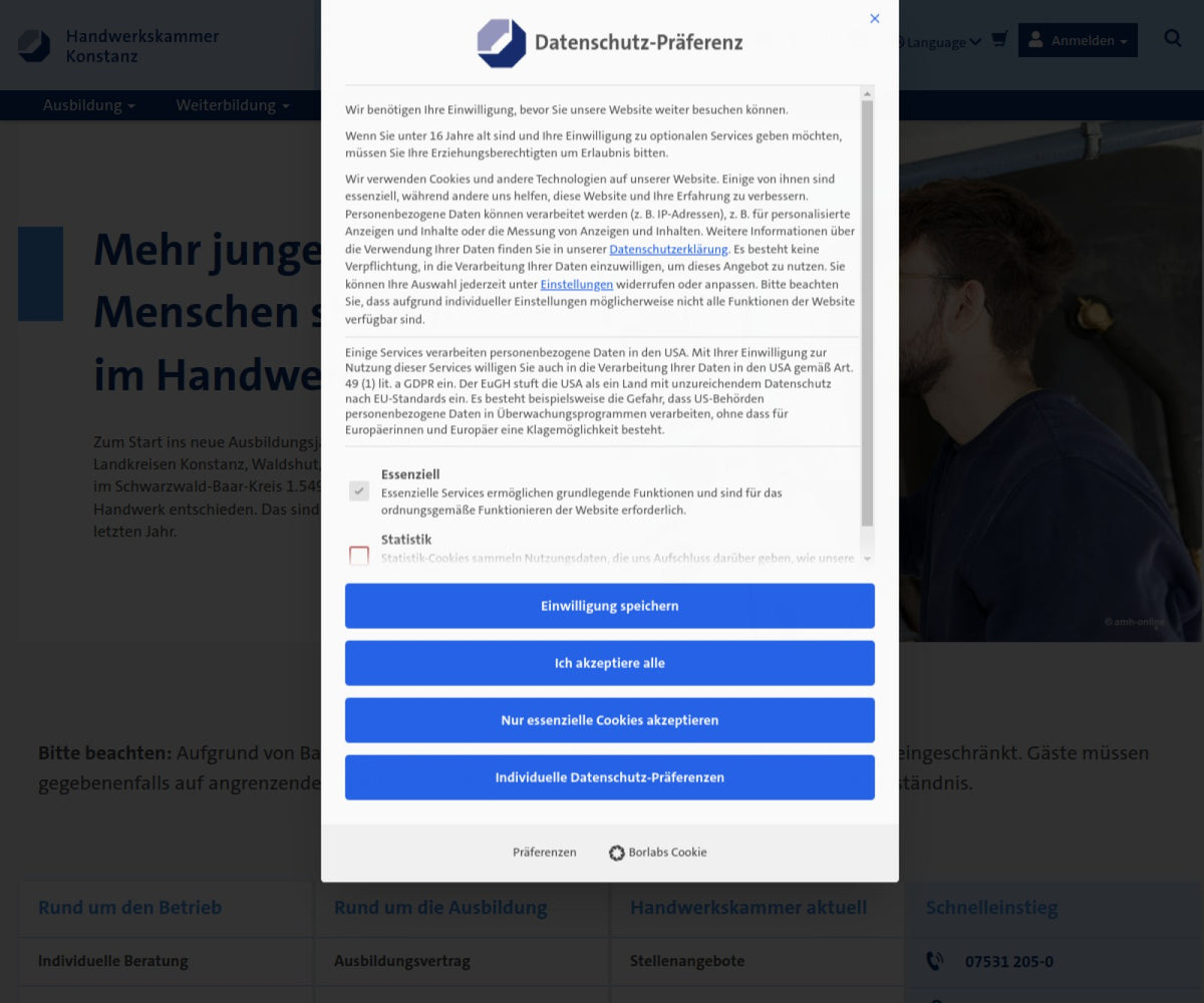 Screenshot der offiziellen Website von Handwerkskammer Konstanz