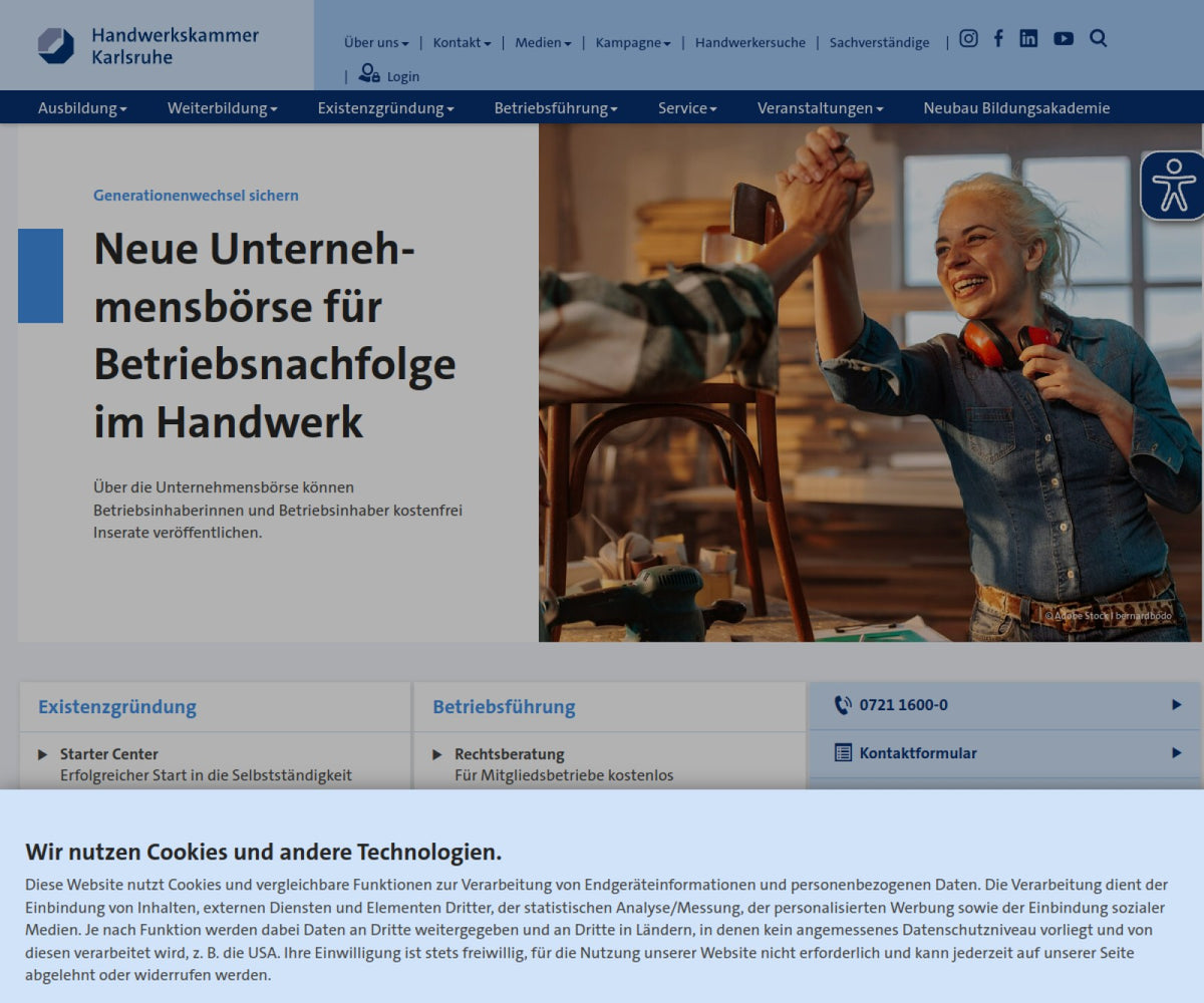 Screenshot der offiziellen Website von Handwerkskammer Karlsruhe