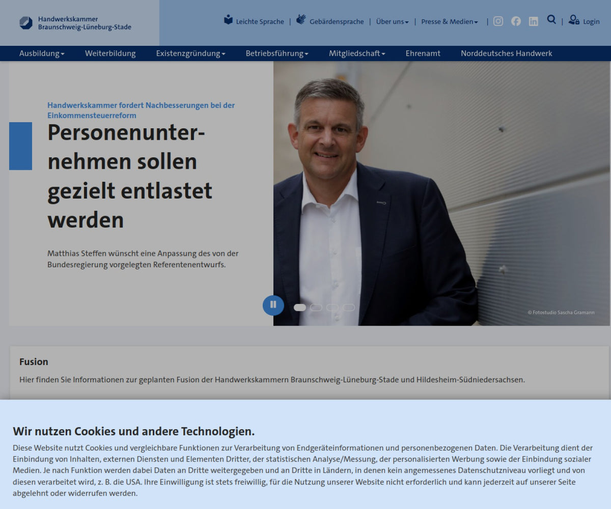 Screenshot der offiziellen Website von Handwerkskammer Braunschweig-Lüneburg-Stade