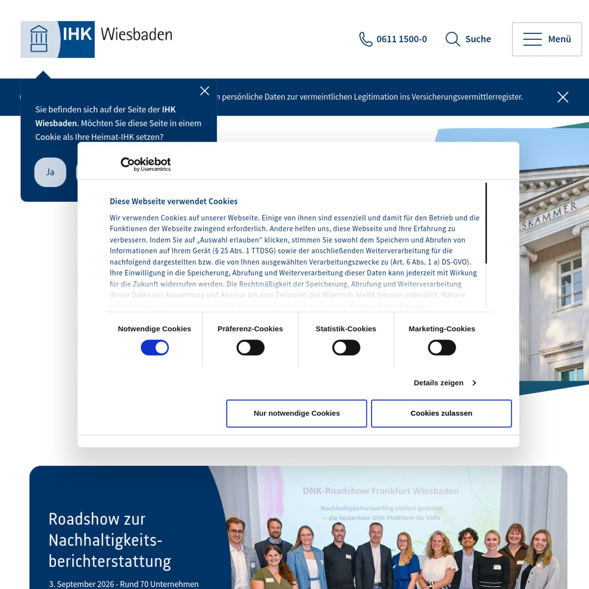 Screenshot der offiziellen Website von Industrie- und Handelskammer Wiesbaden