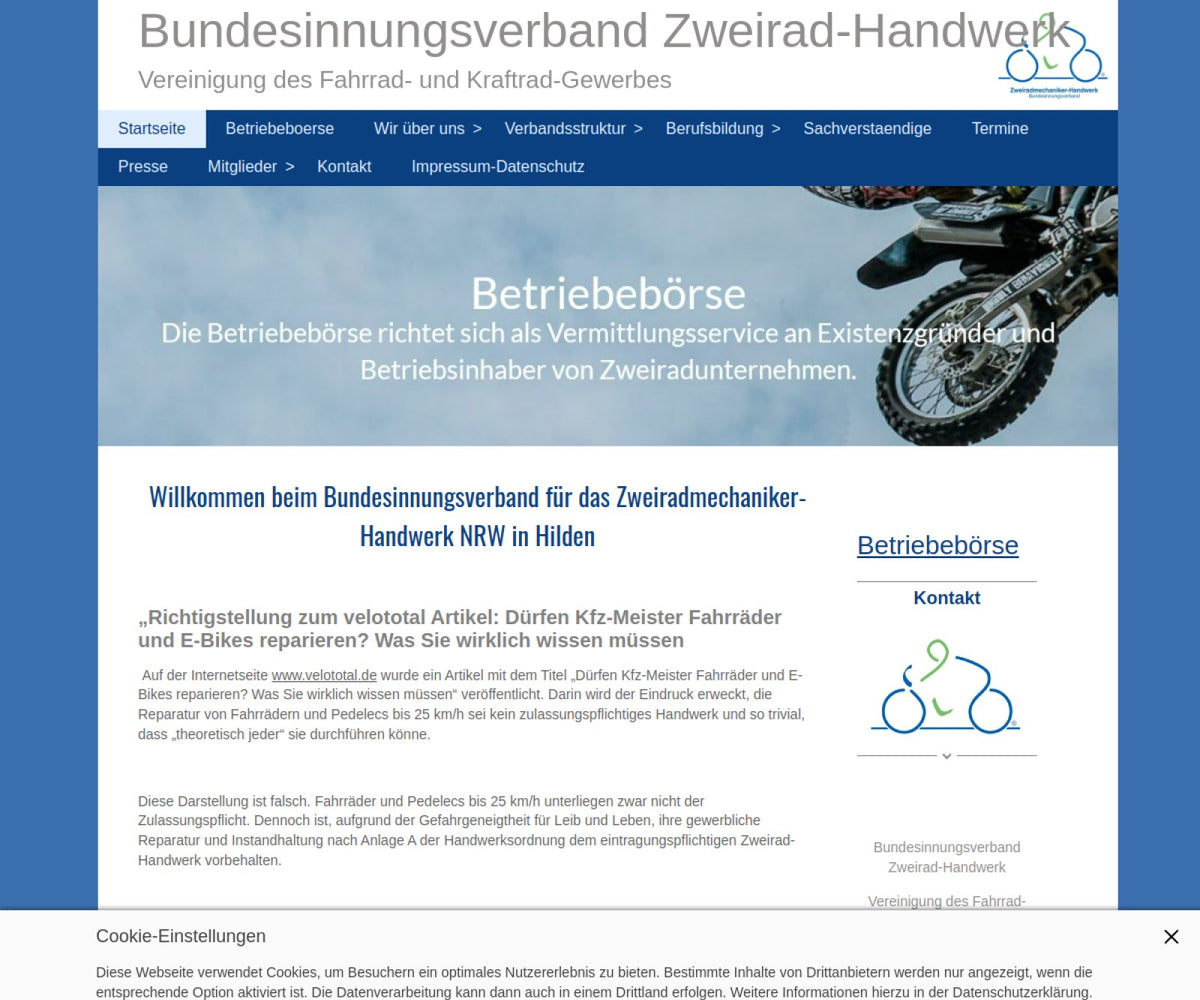 Screenshot der offiziellen Website von Bundesinnungsverband Zweirad-Handwerk