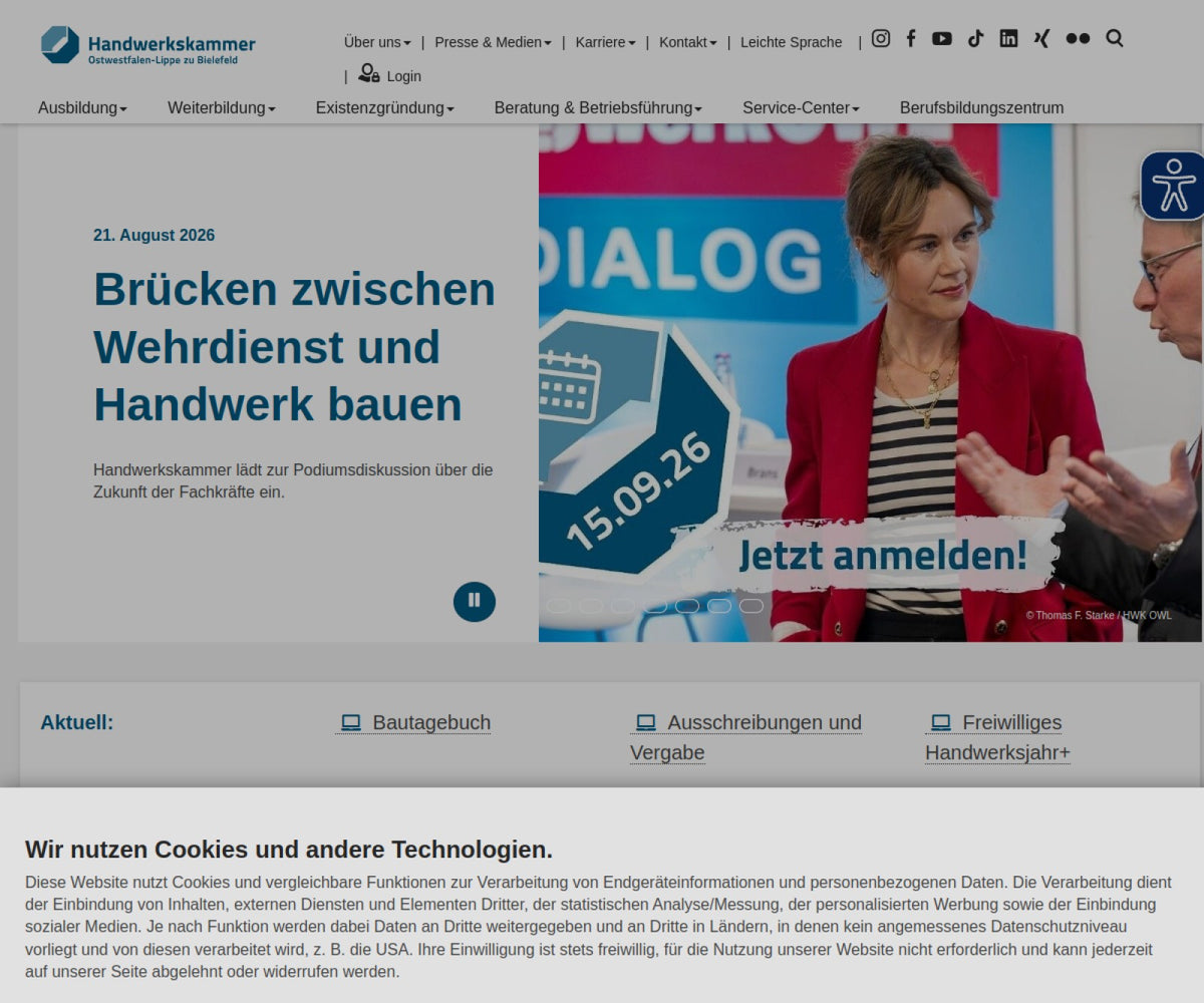 Screenshot der offiziellen Website von Handwerkskammer Ostwestfalen-Lippe zu Bielefeld