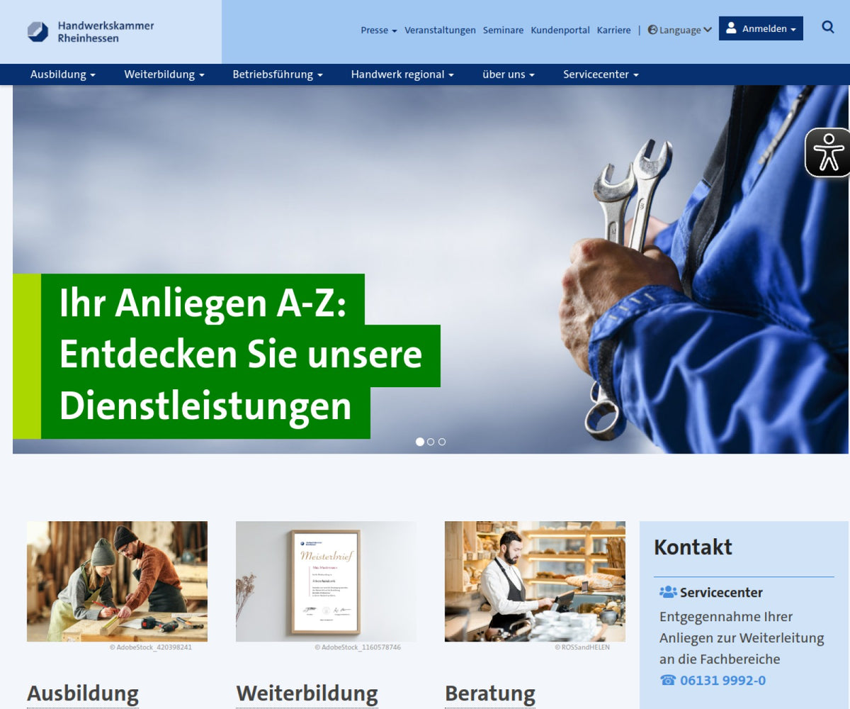 Screenshot der offiziellen Website von Handwerkskammer Rheinhessen