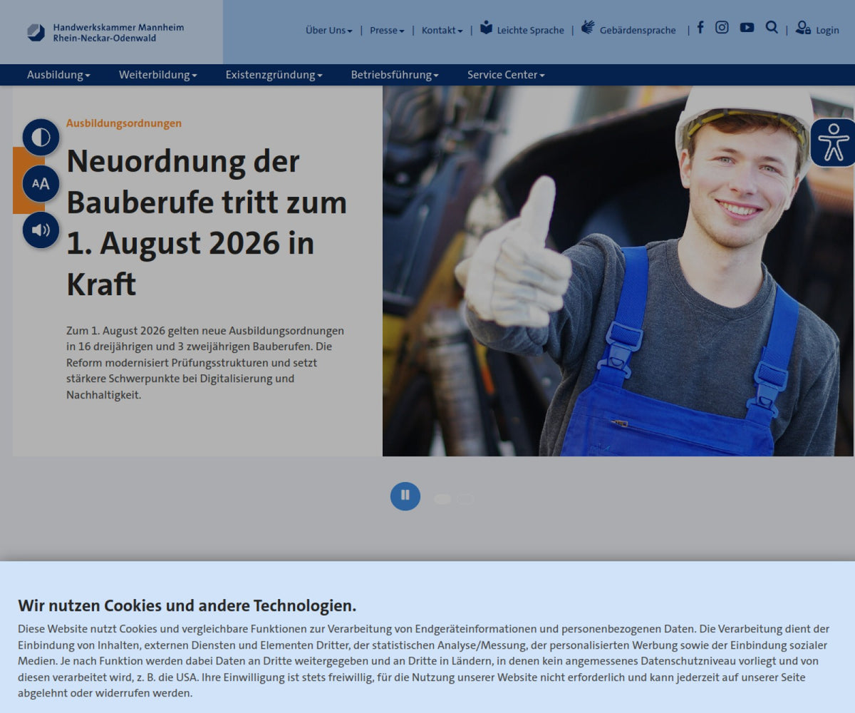 Screenshot der offiziellen Website von Handwerkskammer Mannheim - Rhein-Neckar-Odenwald