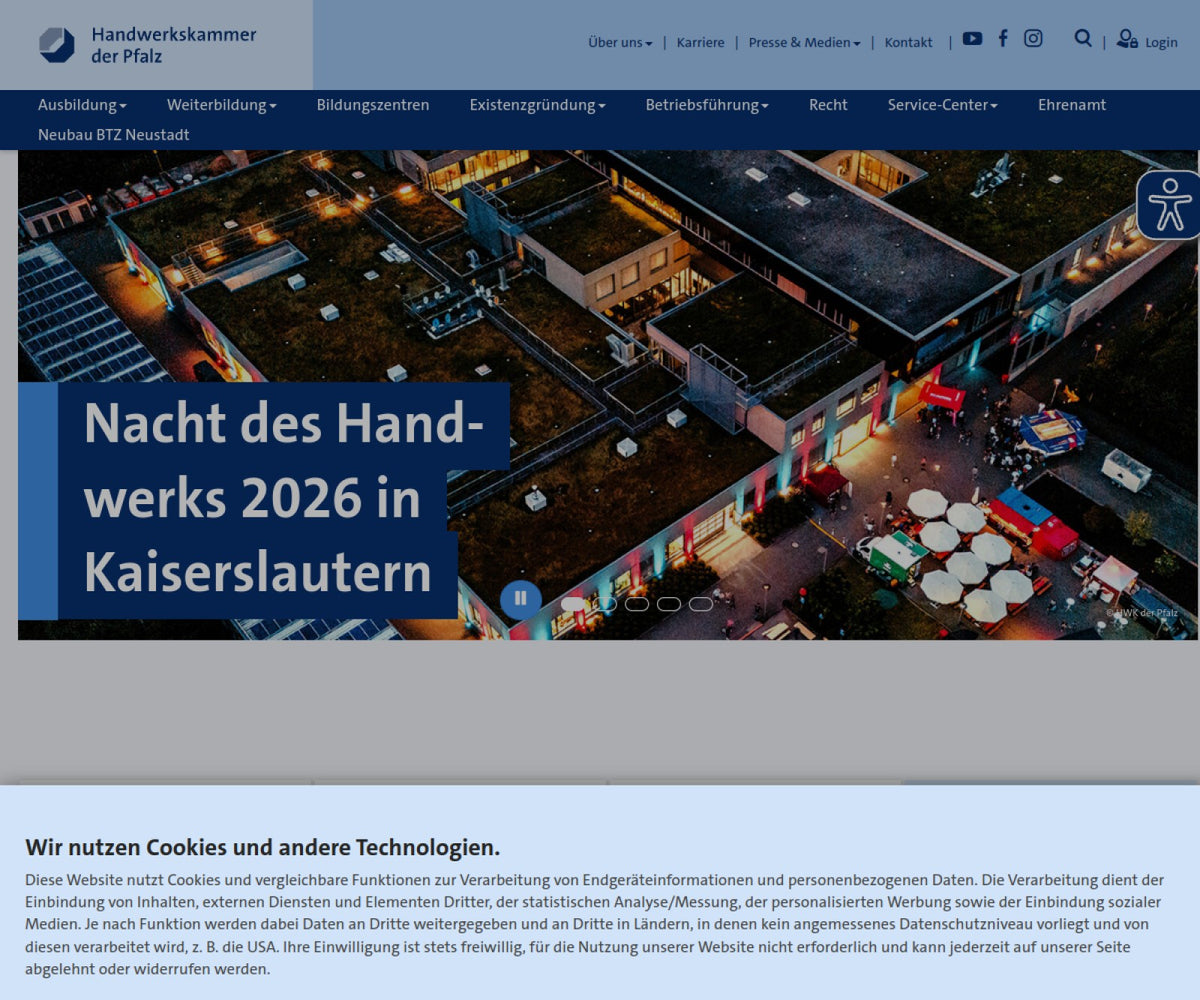 Screenshot der offiziellen Website von Handwerkskammer der Pfalz