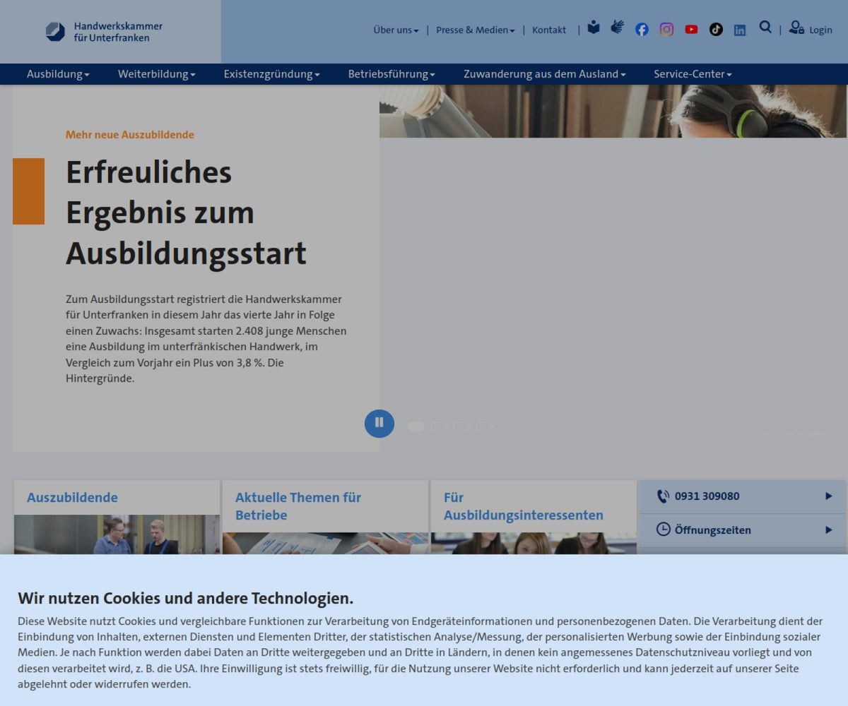 Screenshot der offiziellen Website von Handwerkskammer für Unterfranken