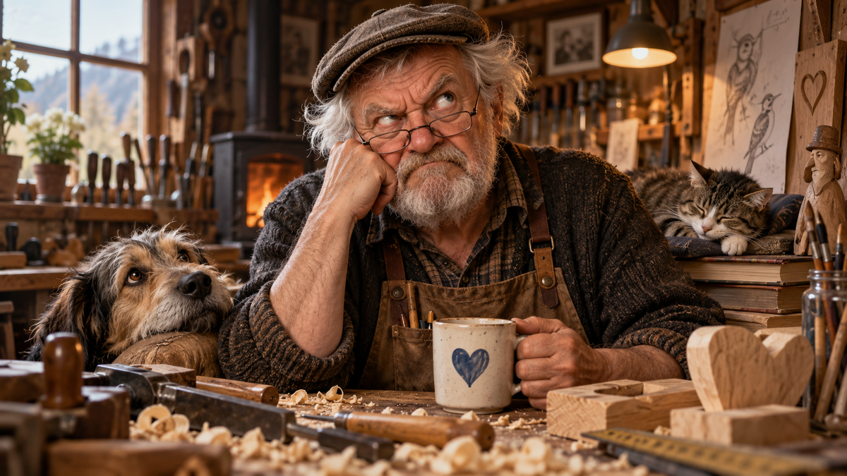 Grummeliger Handwerksmeister mit humorvollem Blick in seiner Werkstatt