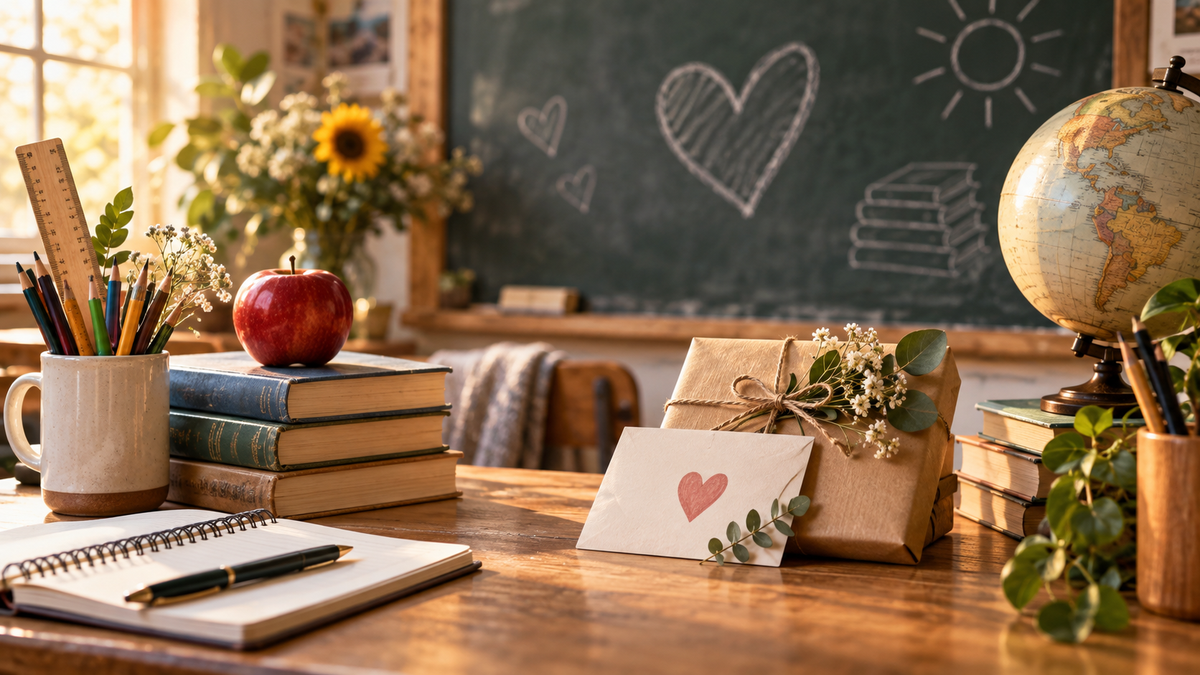 Herzliche Dankeschön-Szene für Lehrkräfte mit Büchern, Tafel und Geschenk