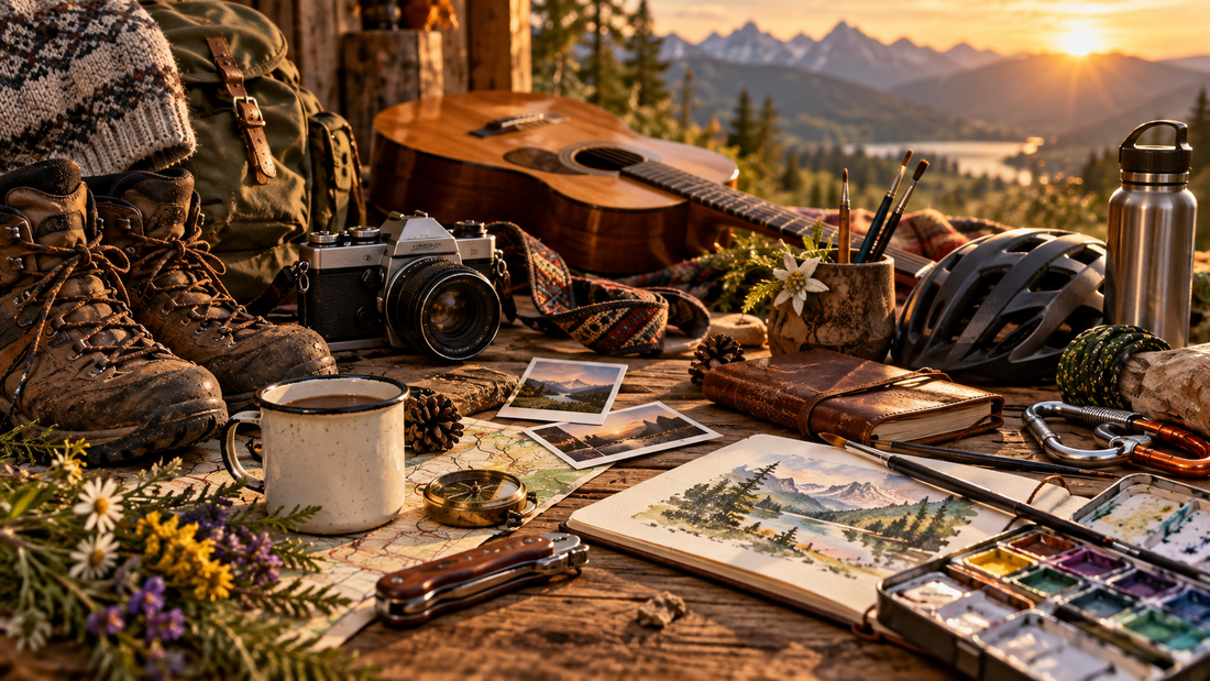 Hobby- und Freizeitgegenstände auf einem rustikalen Tisch bei Sonnenuntergang
