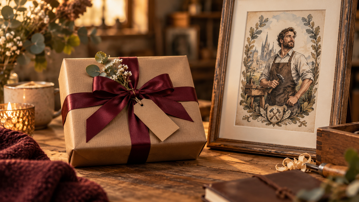 Persönliches handwerkliches Geschenk mit gerahmtem Zunftbild im warmen Atelierlicht