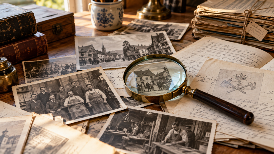Historische Fotografien und Dokumente auf einem alten Schreibtisch mit Lupe