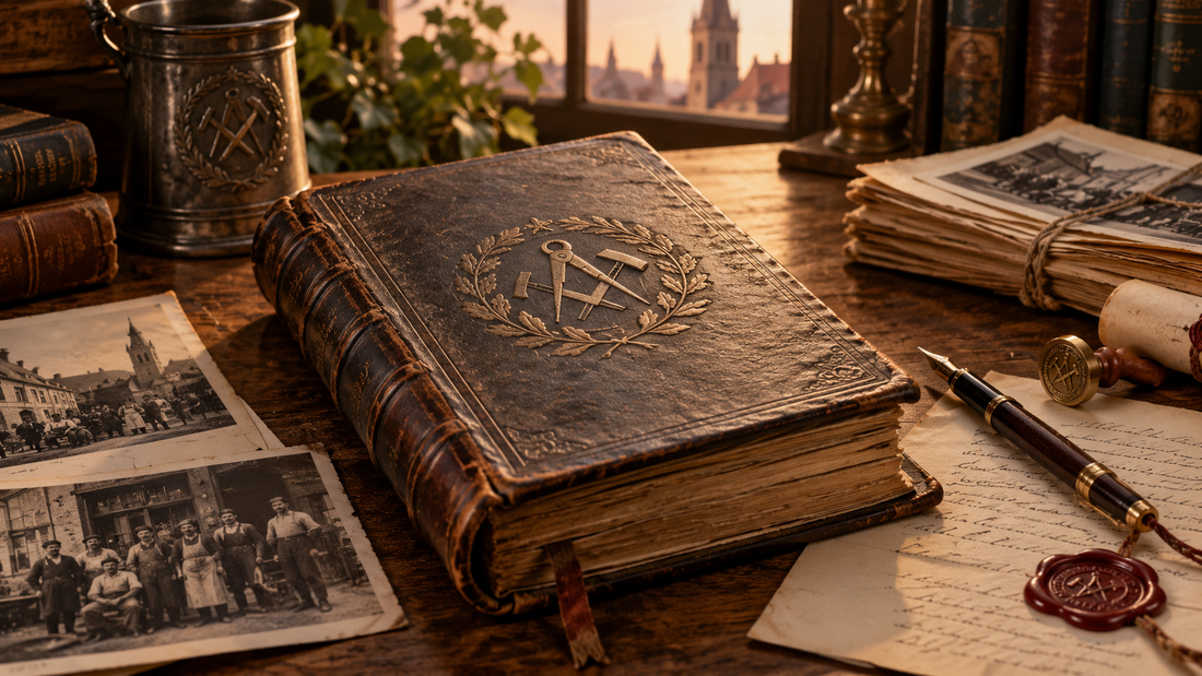Altes Zunftbuch mit handwerklichen Symbolen, Fotografien und Dokumenten