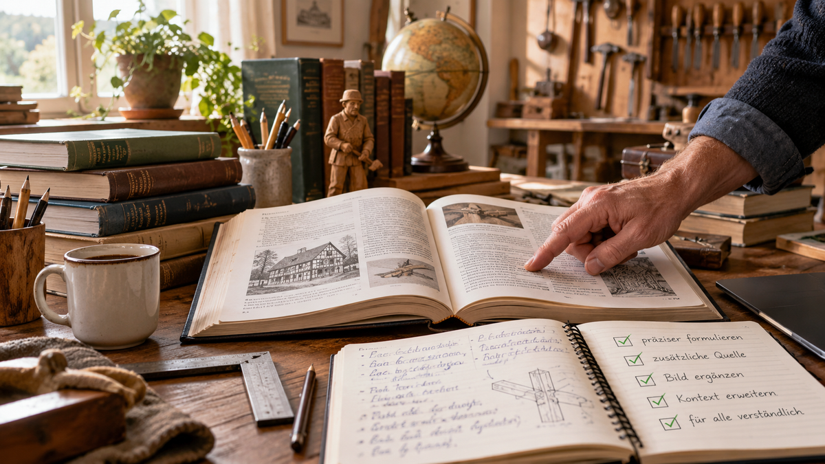 Offenes Fachbuch und handschriftliche Prüfliste in einer Werkstatt