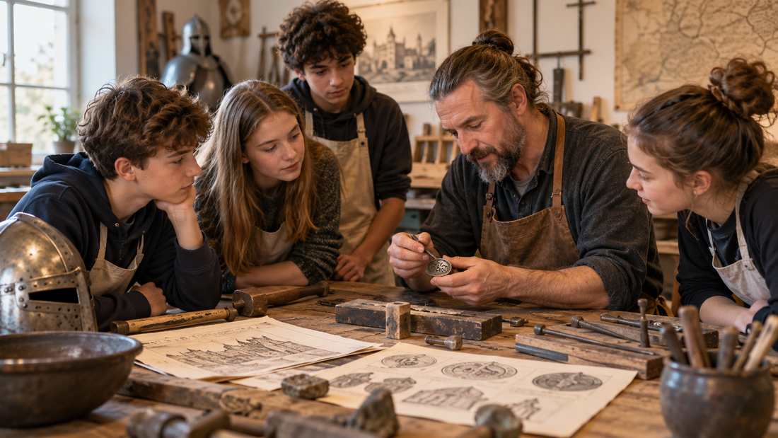 Jugendliche lernen gemeinsam mit einem Handwerker an historischen Werkzeugen und Abbildungen